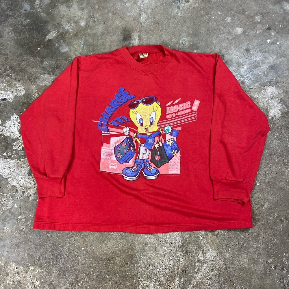 Vintage 90s Looney Tunes Sweatshirt Women's Size 3XL Red Tweety Bird Charge It